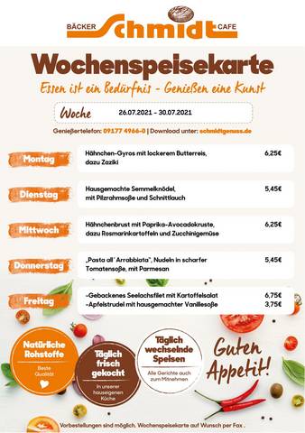 Bäcker Schmidt Katalog | Bäcker Schmidt Wochenspeisekarte | 29.7.2021 - 30.7.2021