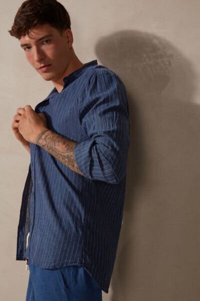 Stehkragenhemd aus Leinen und Baumwolle blau mit S... für 17,95€ in Intimissimi